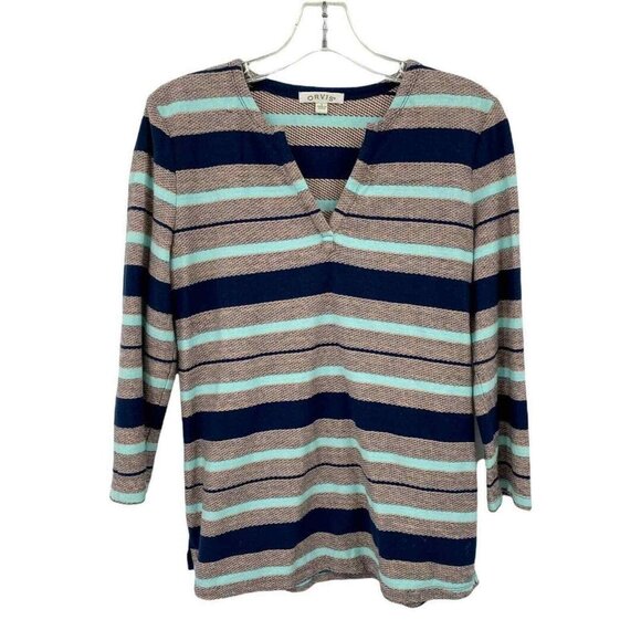 Orvis Shirt Womens Small‎ Blue Gray Striped L/S V-Neck Pullover - Picture 1 of 4